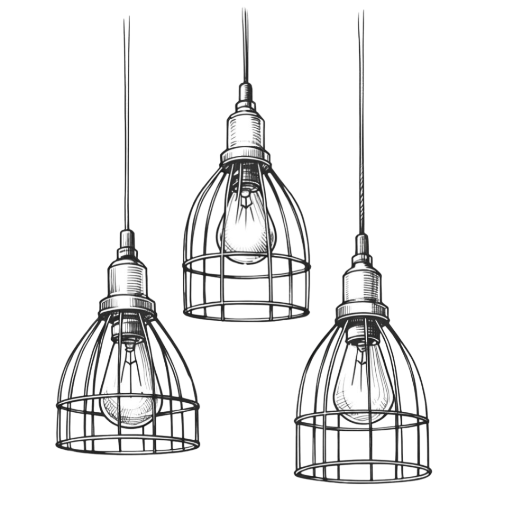 Minimalist sketch of four industrial-style pendant lights hanging from cords